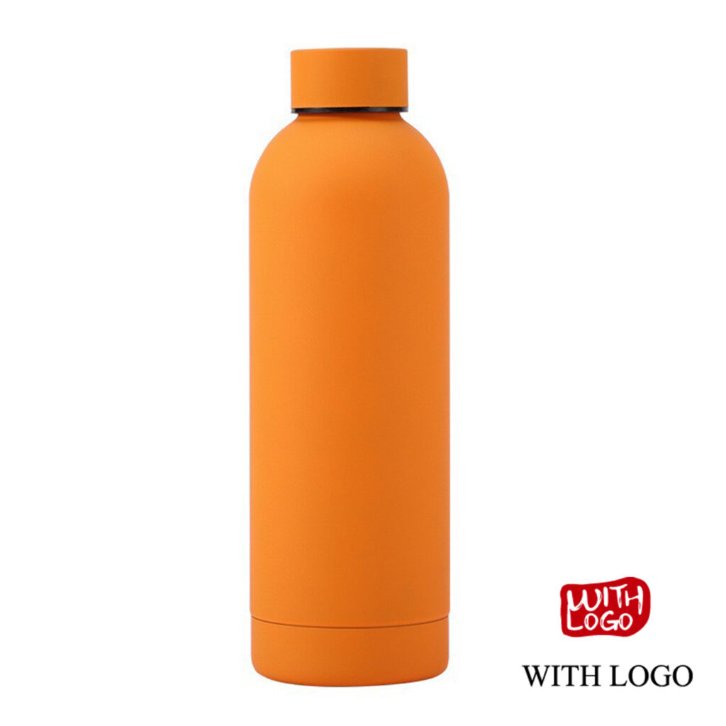 Botella térmica de acero inoxidable con acabado mate naranja y personalización con logo