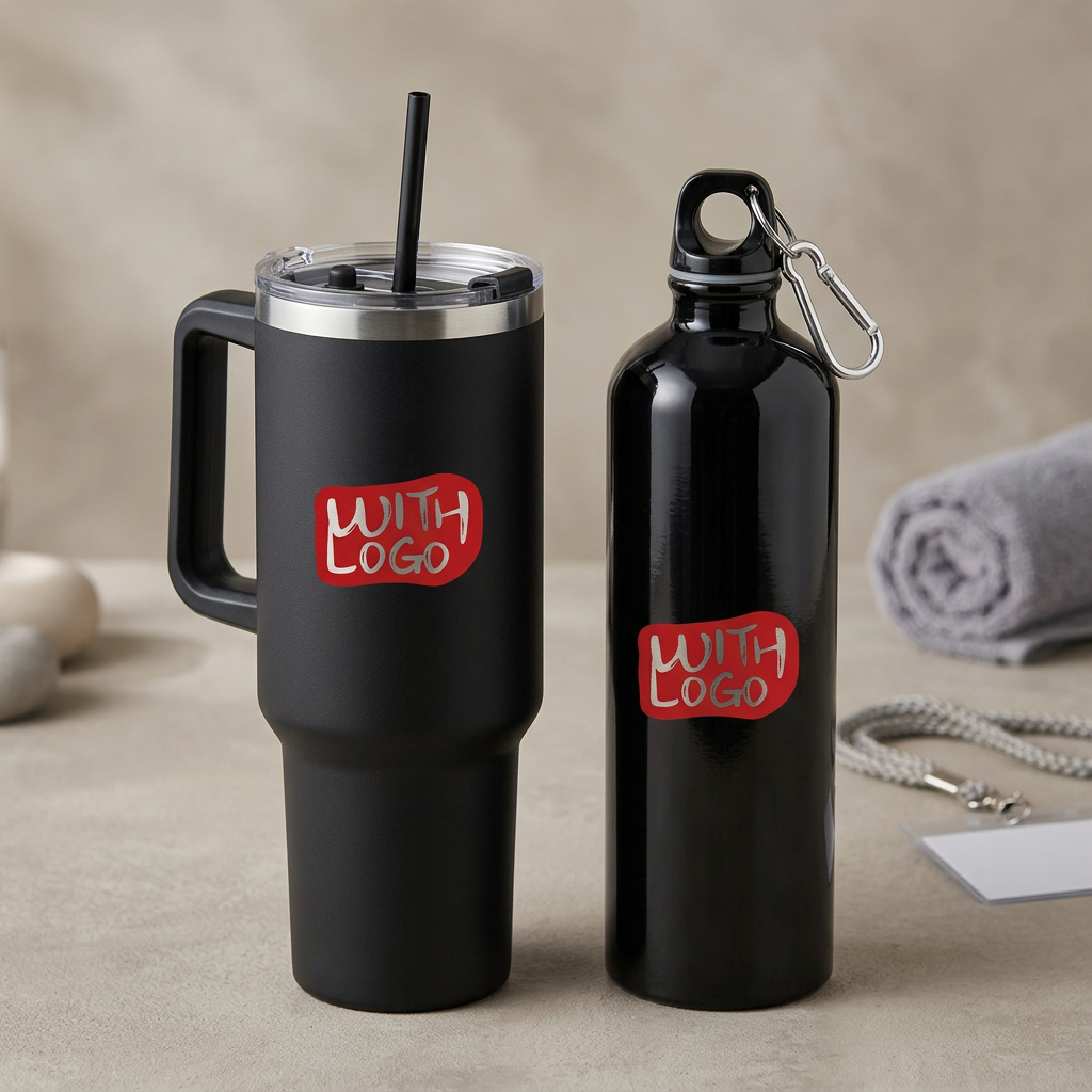 Botellas personalizadas con logo para empresas: vaso térmico y botella de aluminio con grabado
