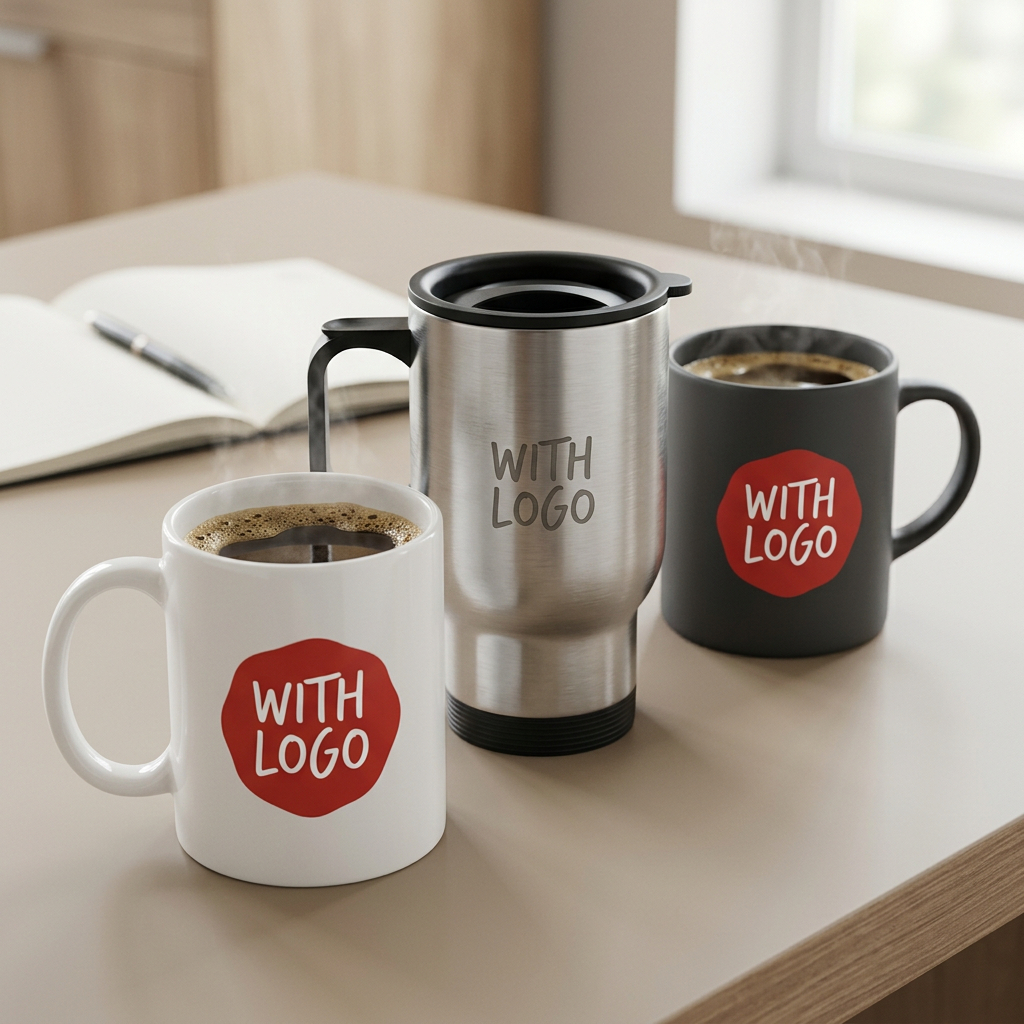 Tazas personalizadas con logo para empresas: taza de cerámica y mug térmico