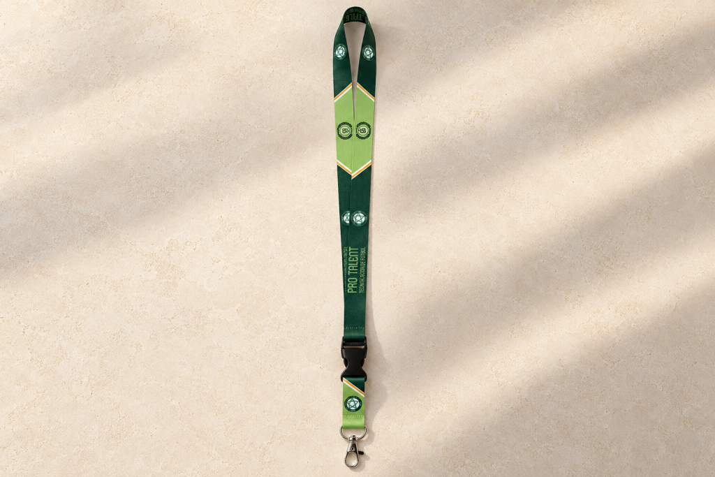 Lanyard verde de Pro Talent Tecnificación con hebilla negra y mosquetón metálico.