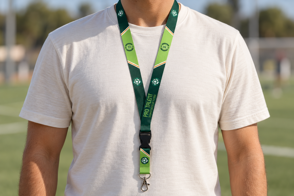 Lanyard Pro Talent llevado al cuello, con su hebilla y mosquetón.