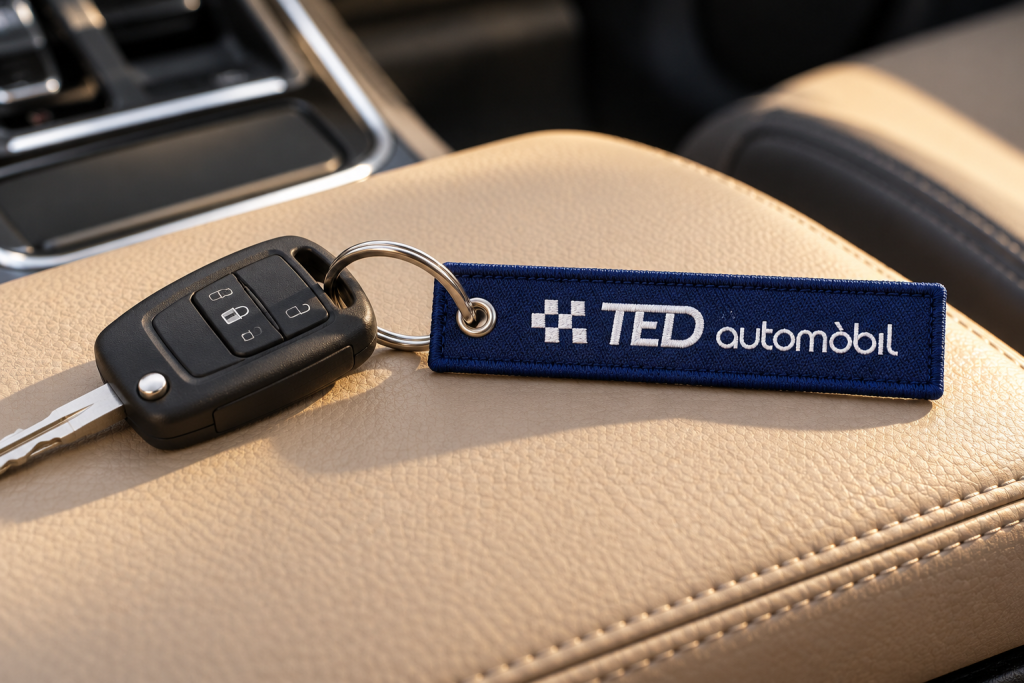 Llavero textil azul marino de TED Automobil unido a una llave de coche.