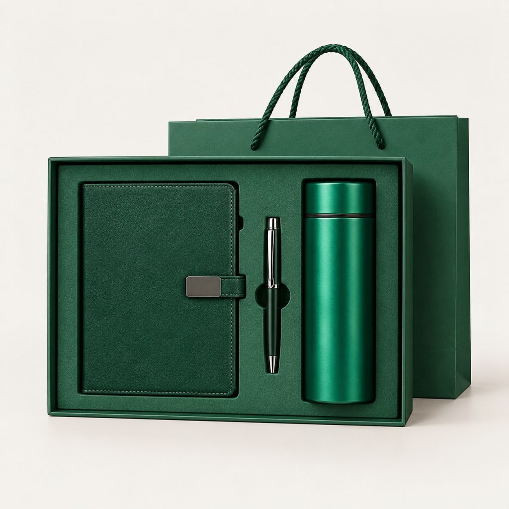 Set corporativo verde con cuaderno, bolígrafo, botella y bolsa.
